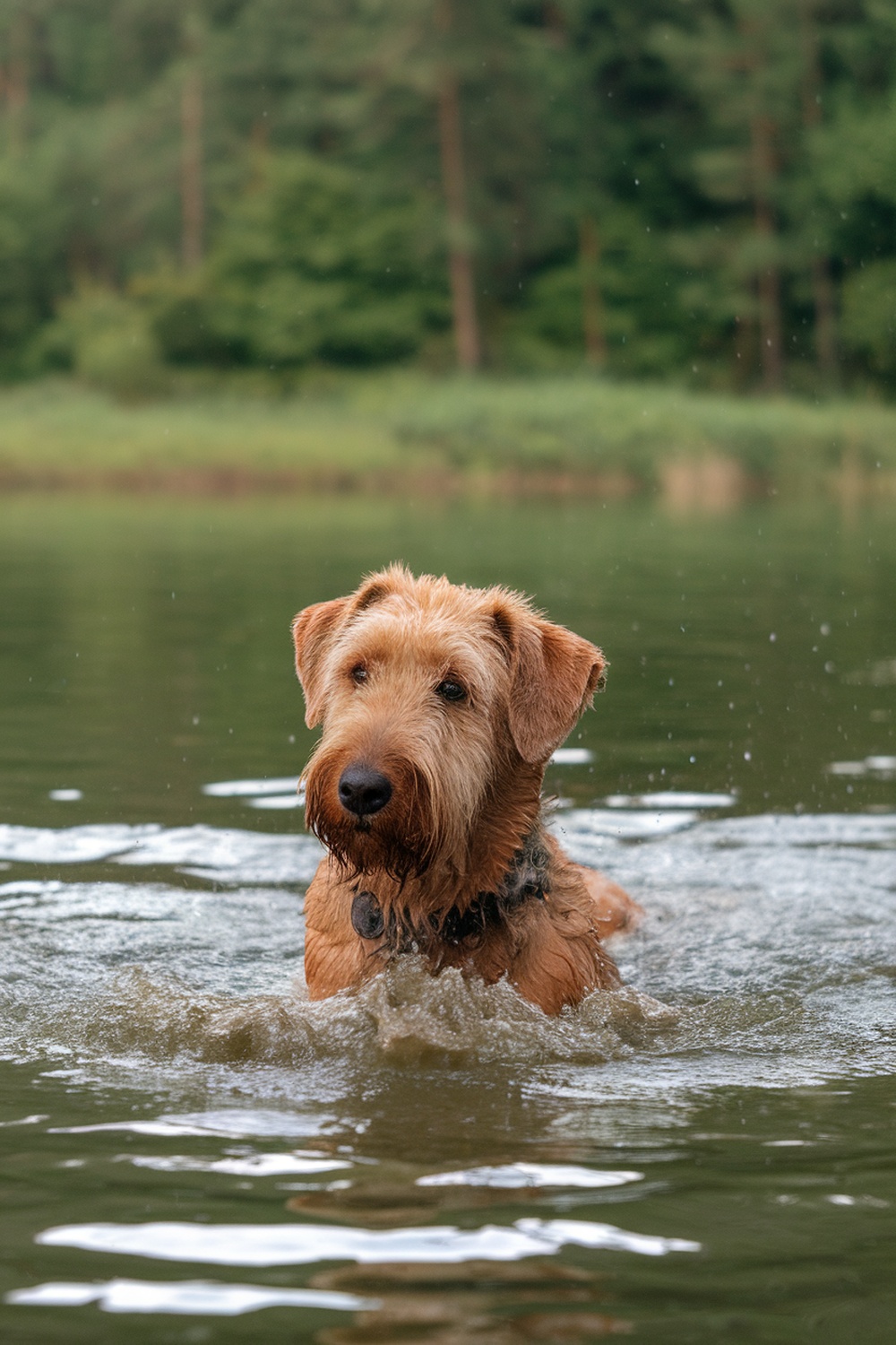 Airedale and Newfoundland mix swimming in a lake