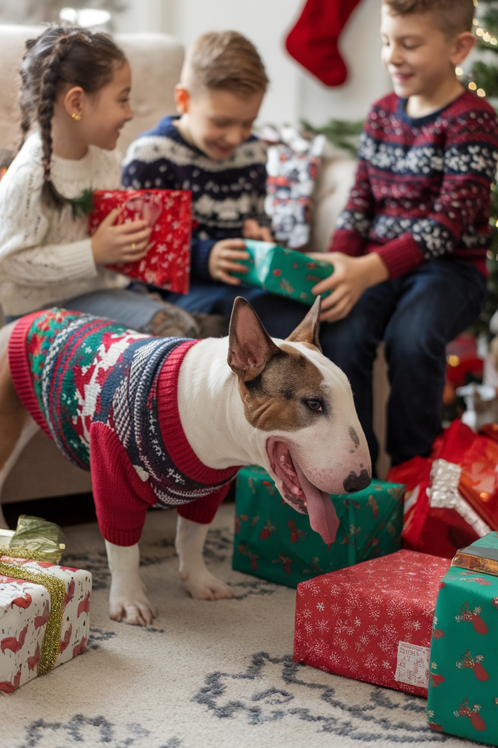 A Bull Terrier in a festive sweater surrounded by children opening Christmas presents.