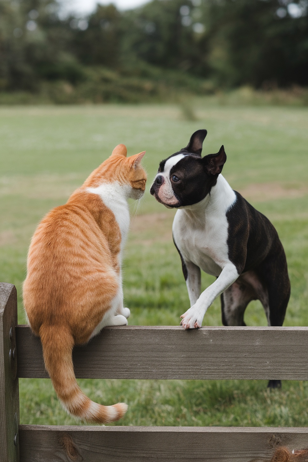 A Boston Terrier interacting with an orange cat.