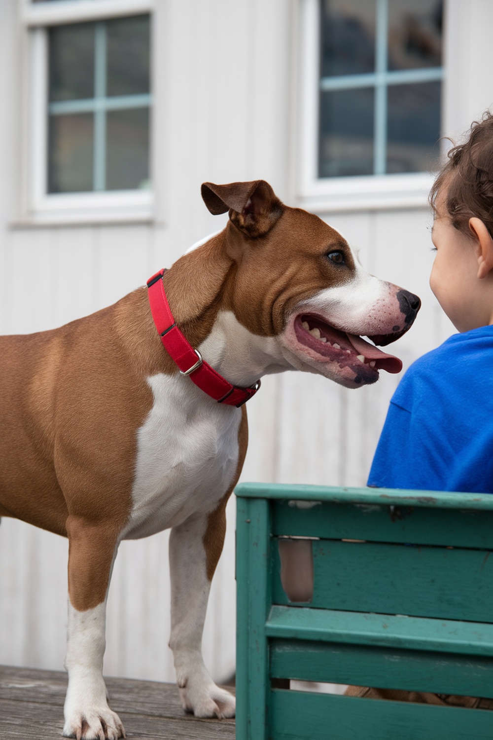 A smiling American Staffordshire Terrier interacts with a child.