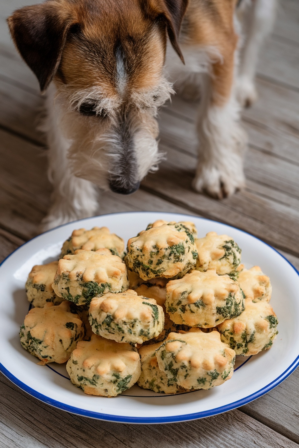 A plate of spinach and cheese biscuits with a terrier sniffing nearby.