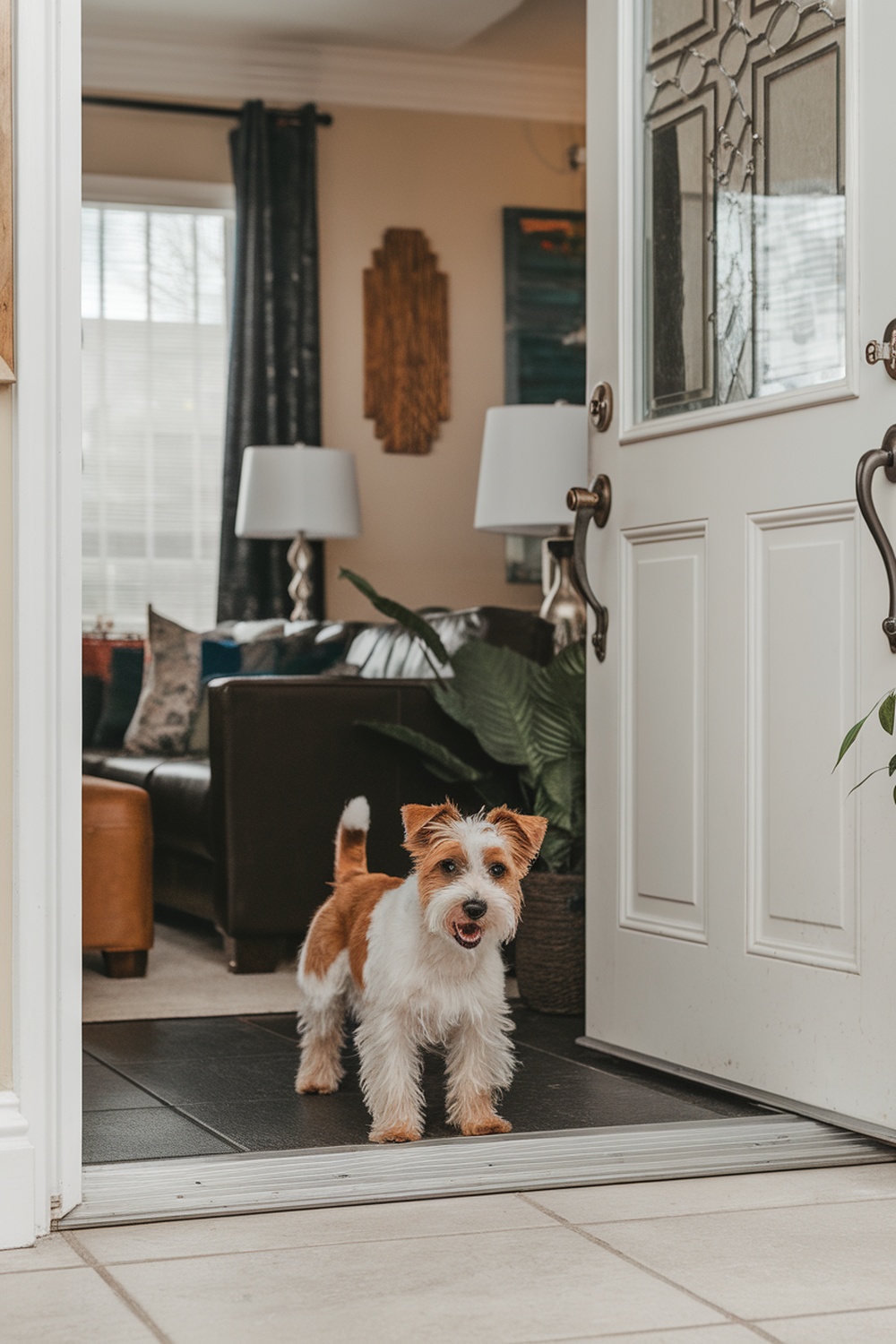 An Irish Terrier standing at an open door, looking friendly and welcoming.