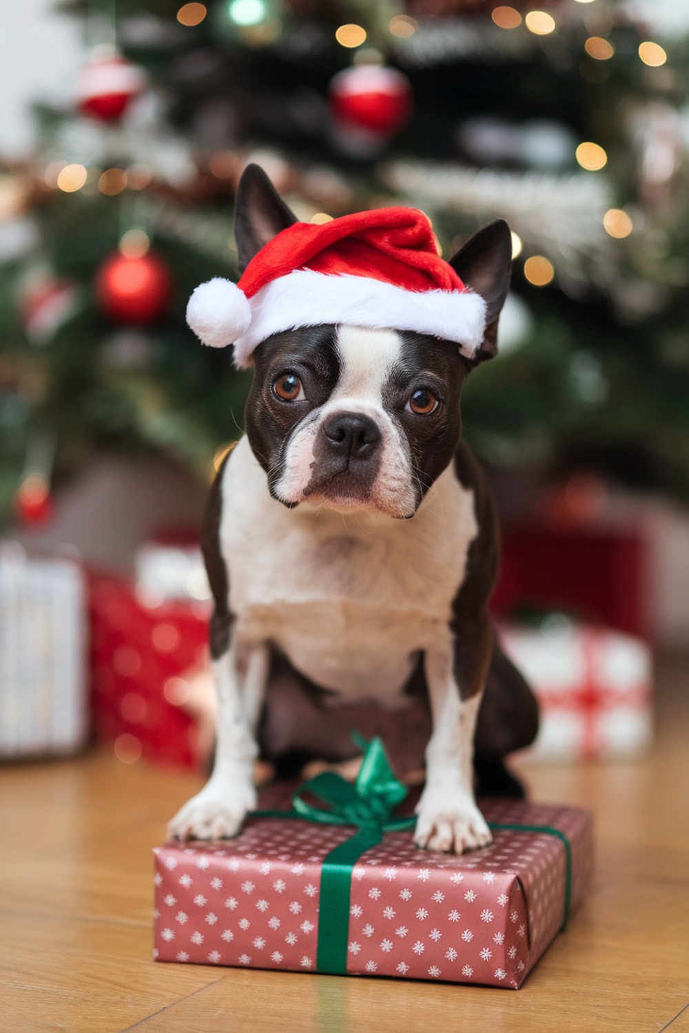 A Boston Terrier wearing a Santa hat, sitting on a gift box with a festive background.