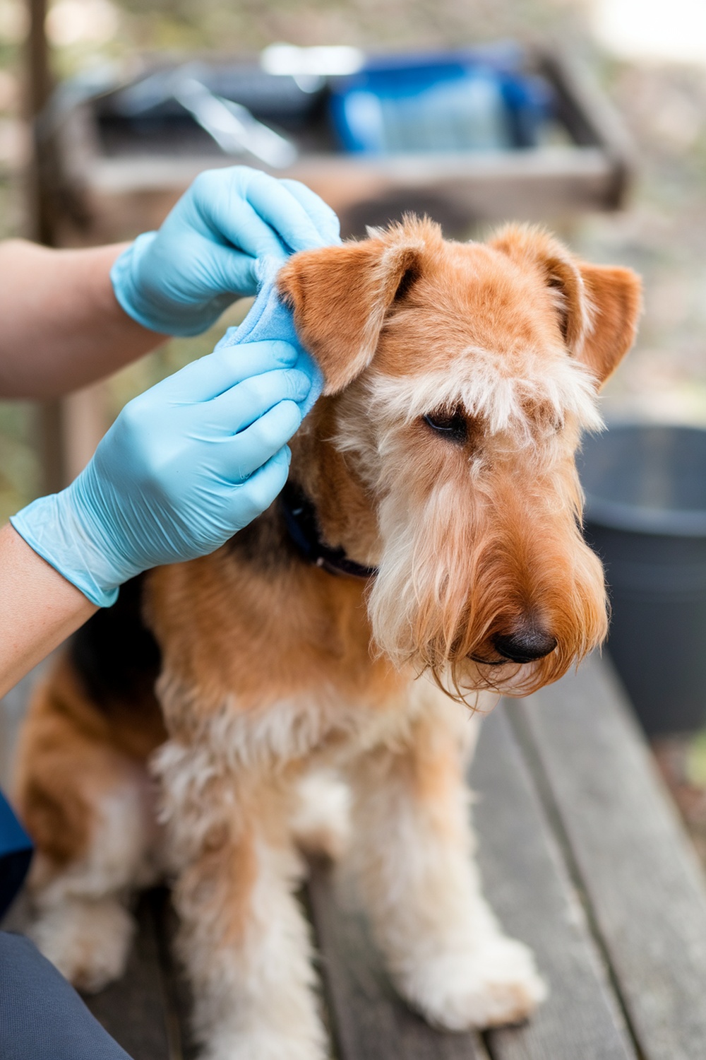 A person cleaning an Airedale Terrier's ears with a soft cloth.