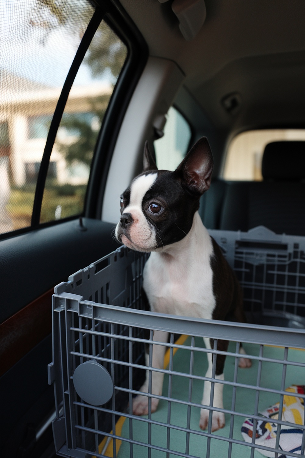 A Boston Terrier puppy sitting in a car crate, looking out the window.
