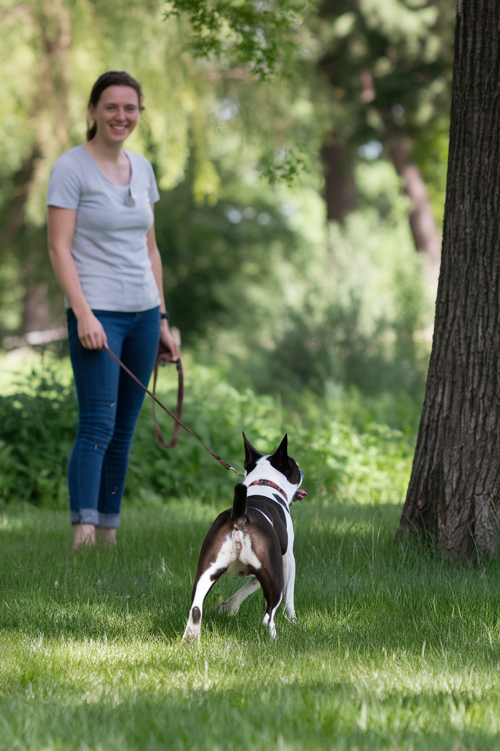 A woman walking a Boston Terrier on a leash in a green park.