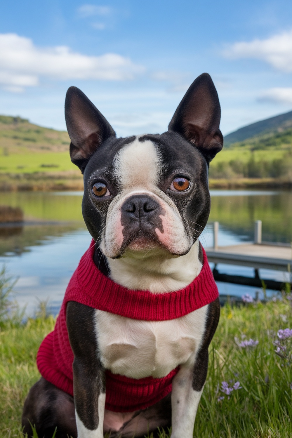 A Boston Terrier sitting by a lake, wearing a red sweater, with a scenic background.