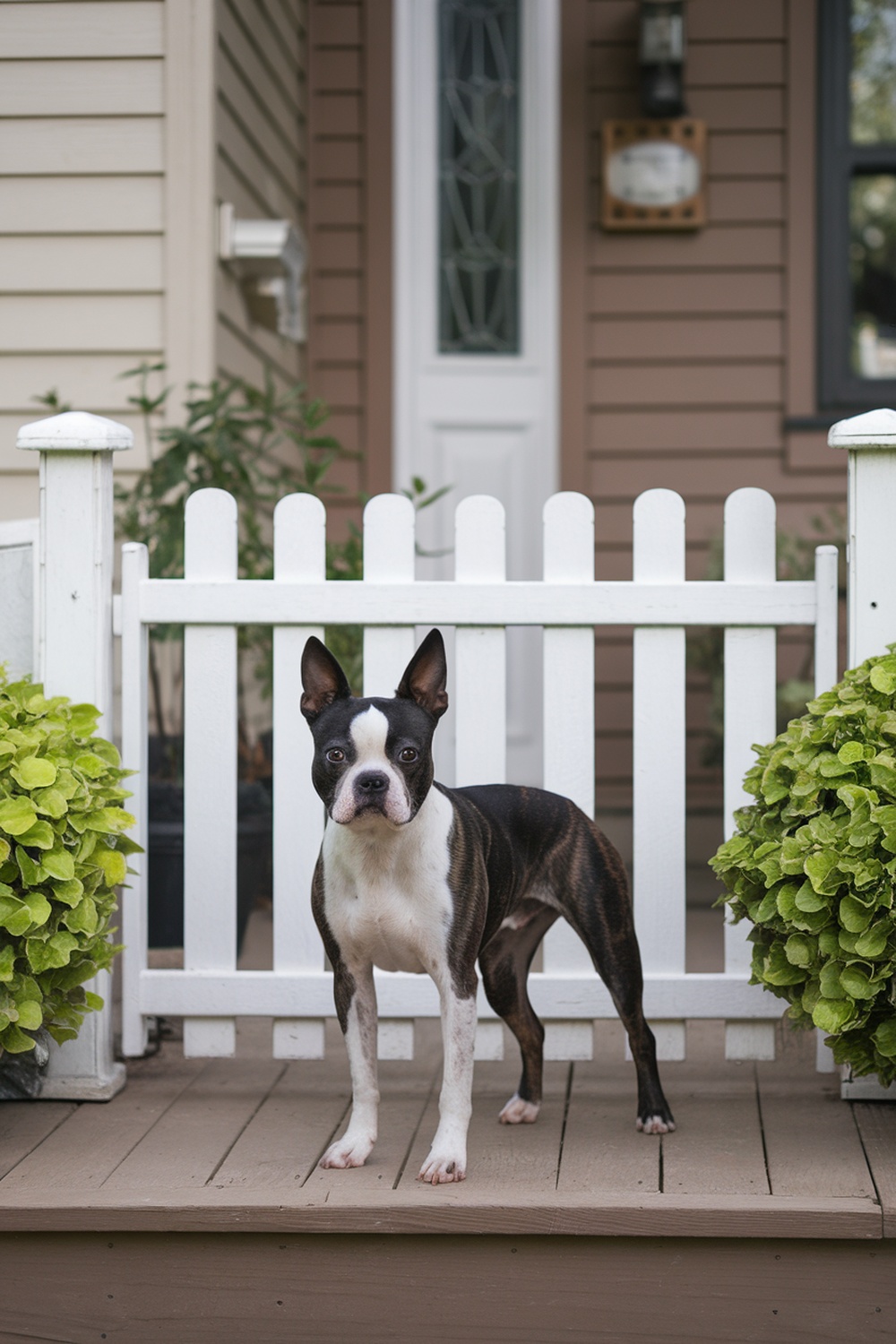 A Boston Terrier standing in front of a white picket fence, showcasing its loyal and protective demeanor.