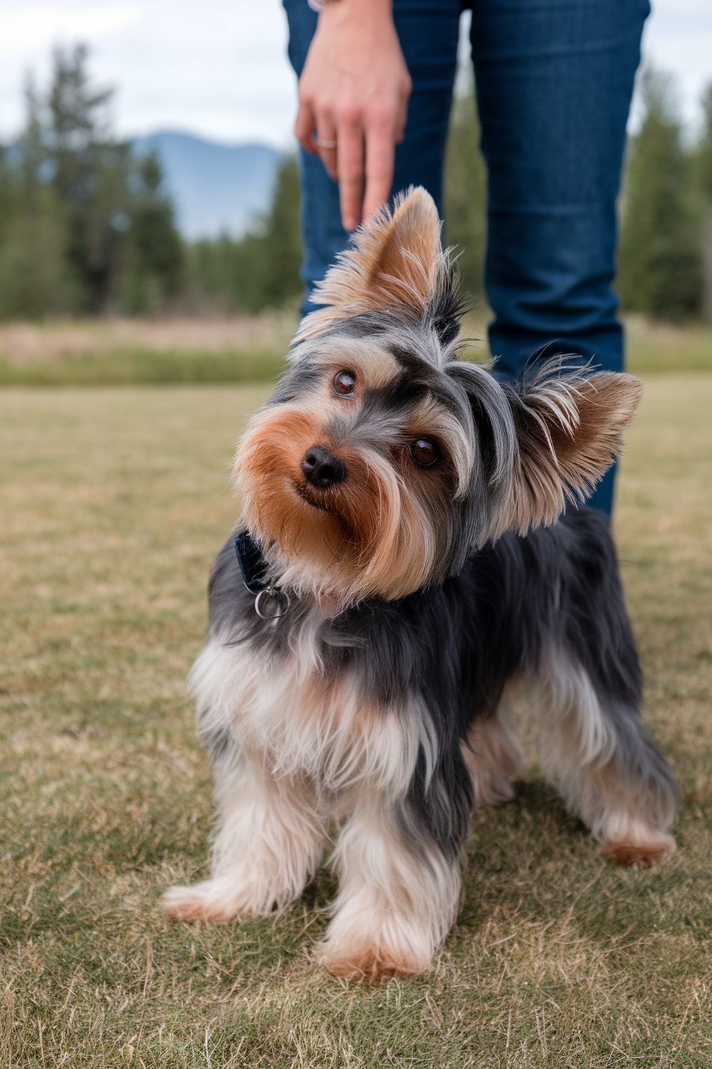 A Yorkie Poo dog looking curiously at the camera, with a person in the background.