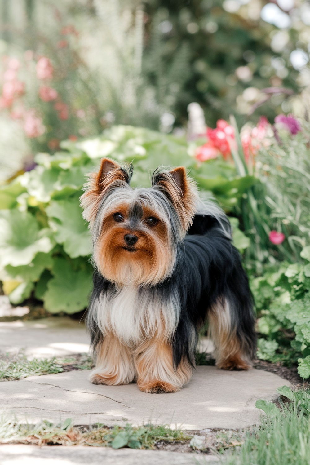 A Biewer Yorkie with a distinctive coat standing in a garden.