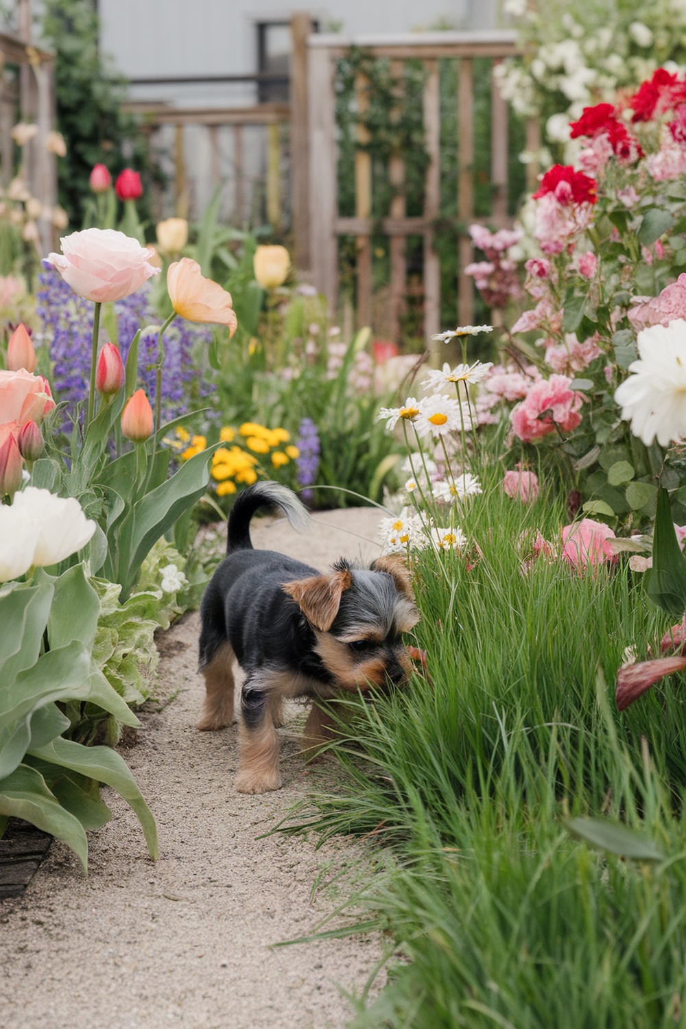 A Yorkie puppy exploring a vibrant garden filled with flowers.