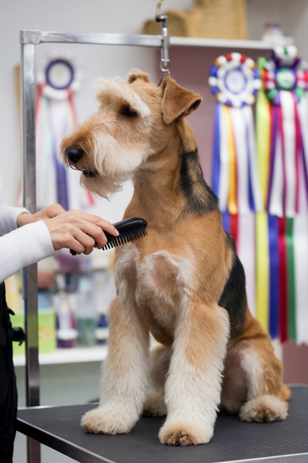 Airedale Terrier being groomed before a dog show.