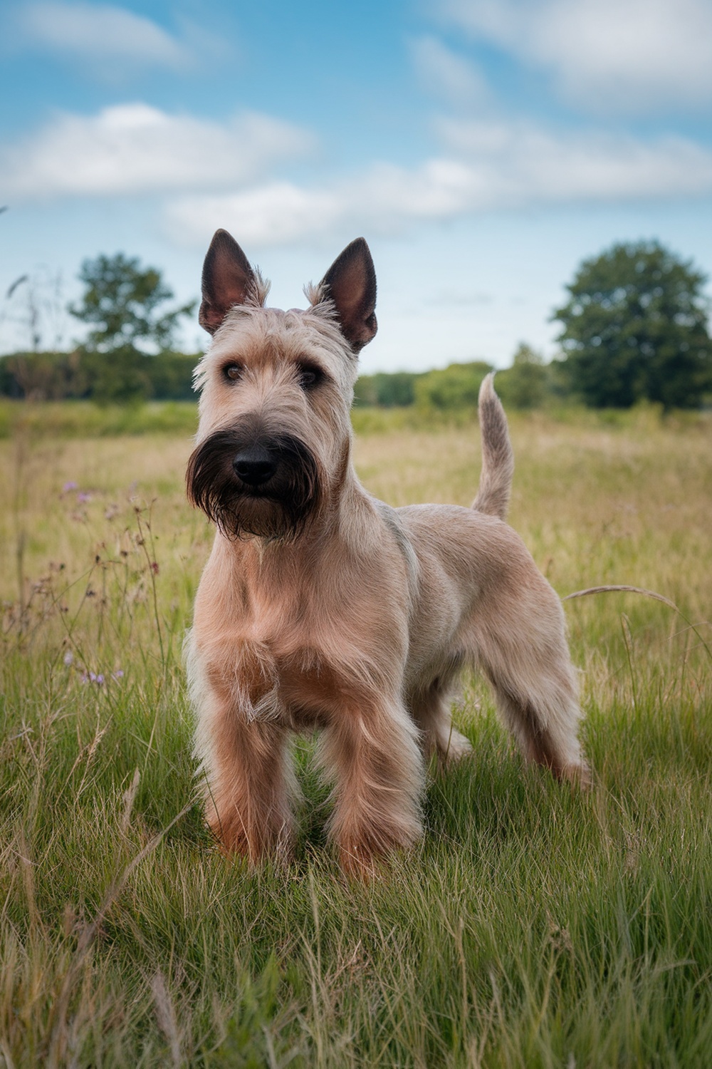 A Scottish Terrier standing in a grassy field with a clear blue sky.