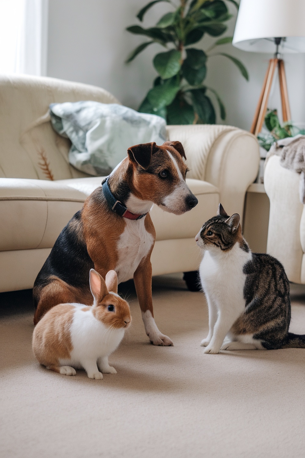 A Border Terrier sitting with a rabbit and a cat in a cozy living room.