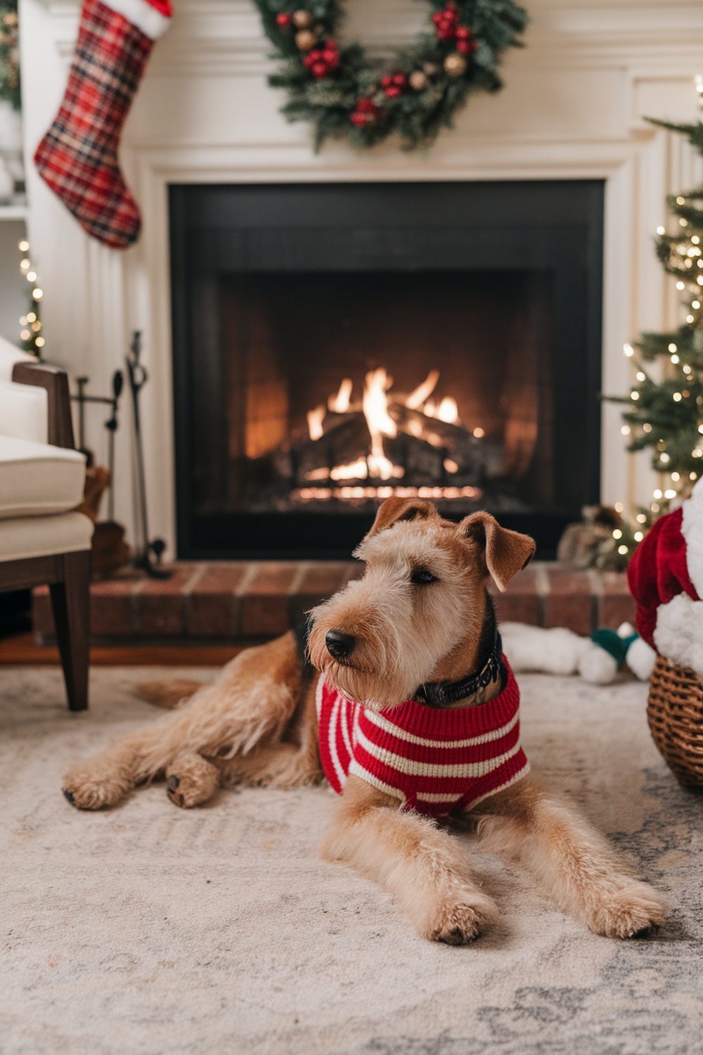 Airedale Terrier in a red striped sweater lying by the fireplace during Christmas.