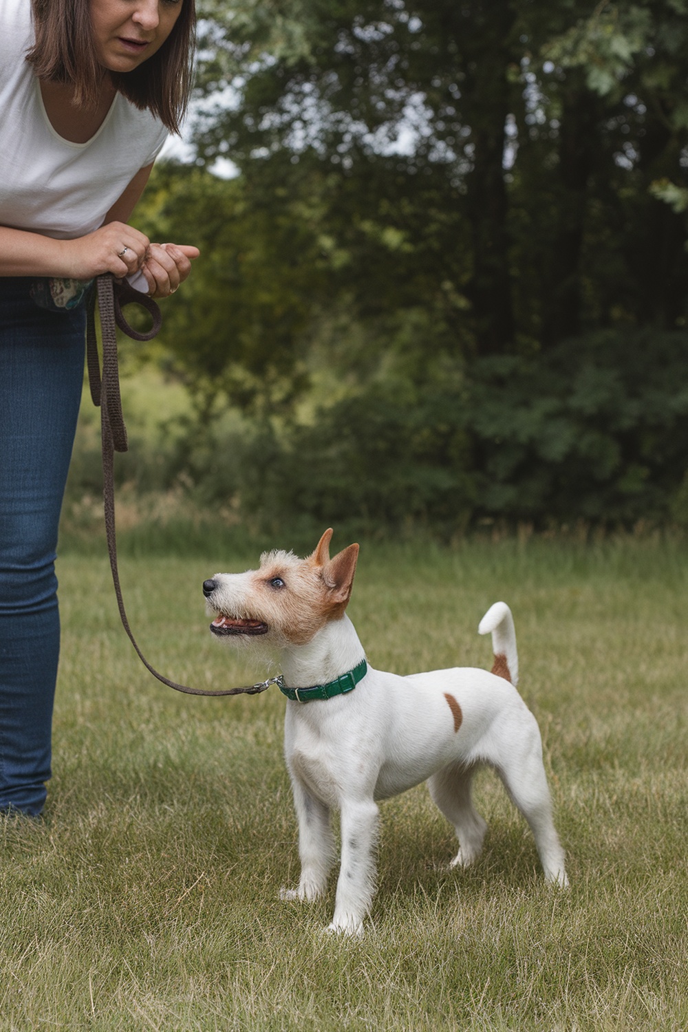 A woman holding a leash of a Wire Fox Terrier in a grassy area.