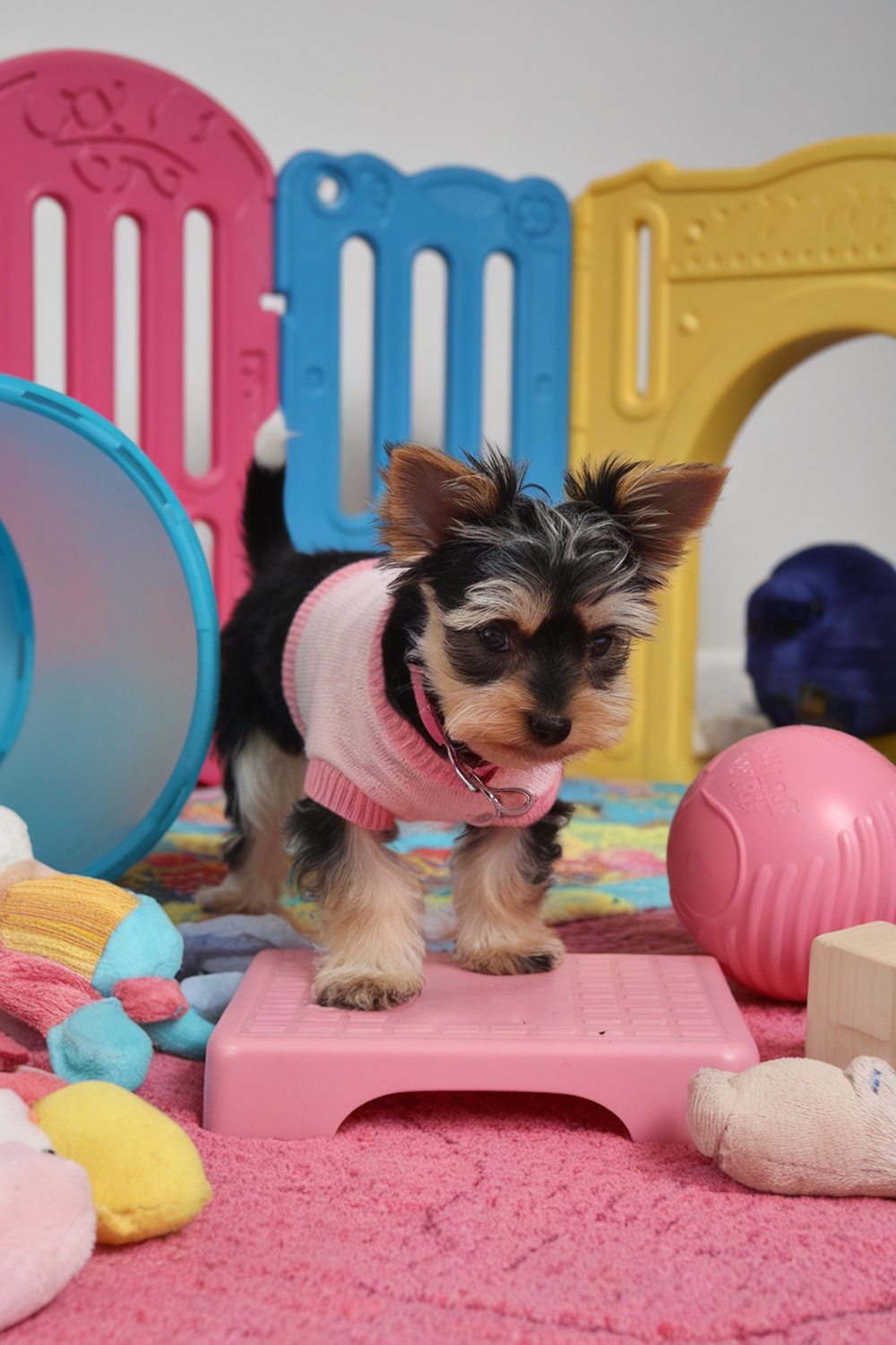 A Yorkie puppy in a playpen surrounded by colorful toys.