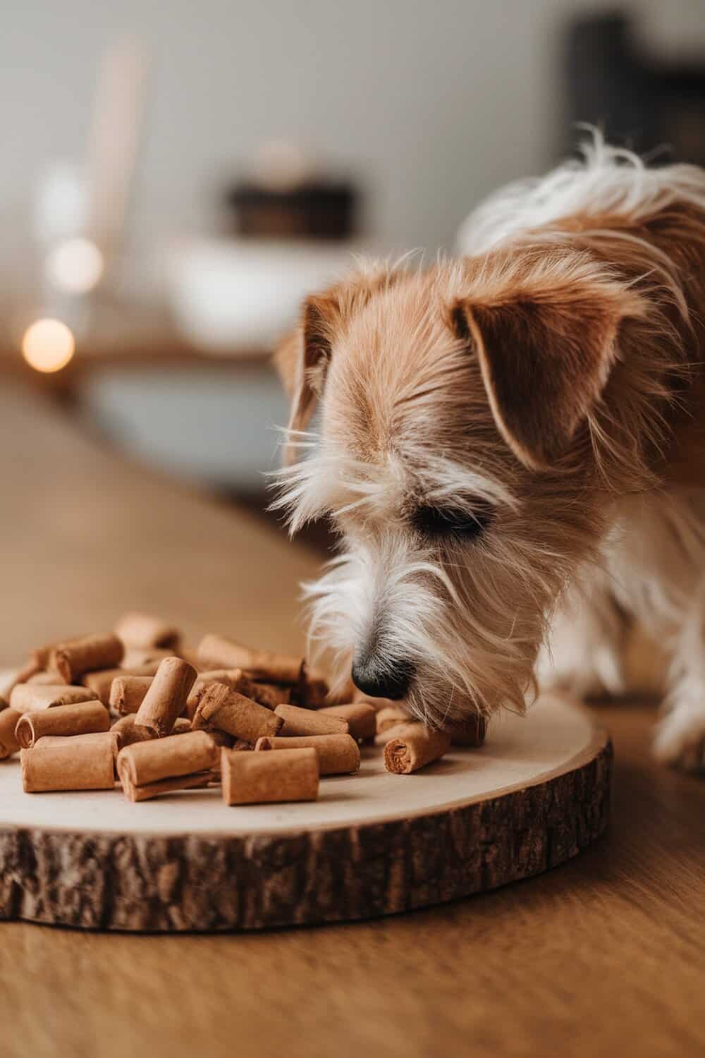 A terrier sniffing cinnamon and honey dog treats on a wooden platter.
