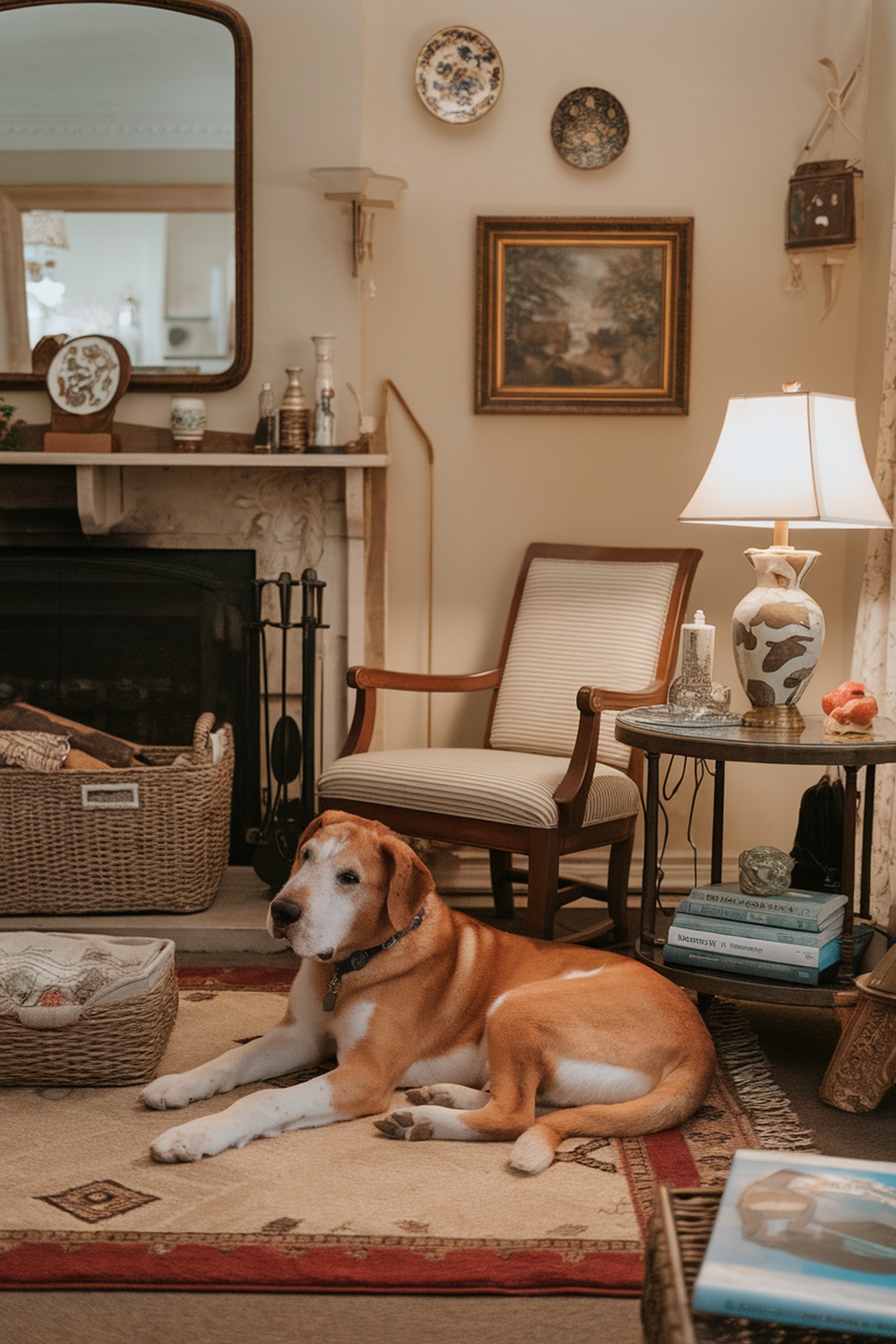 Airedale and Saint Bernard mix dog lounging in a cozy living room.