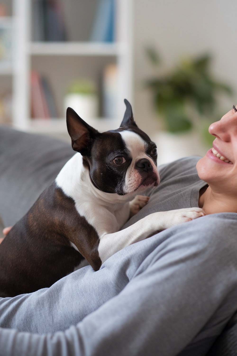 A Boston Terrier sitting on a person's lap, looking affectionate.