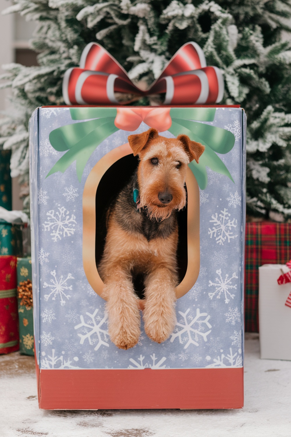 Airedale Terrier sitting in a Christmas box with a bow, surrounded by festive decorations.