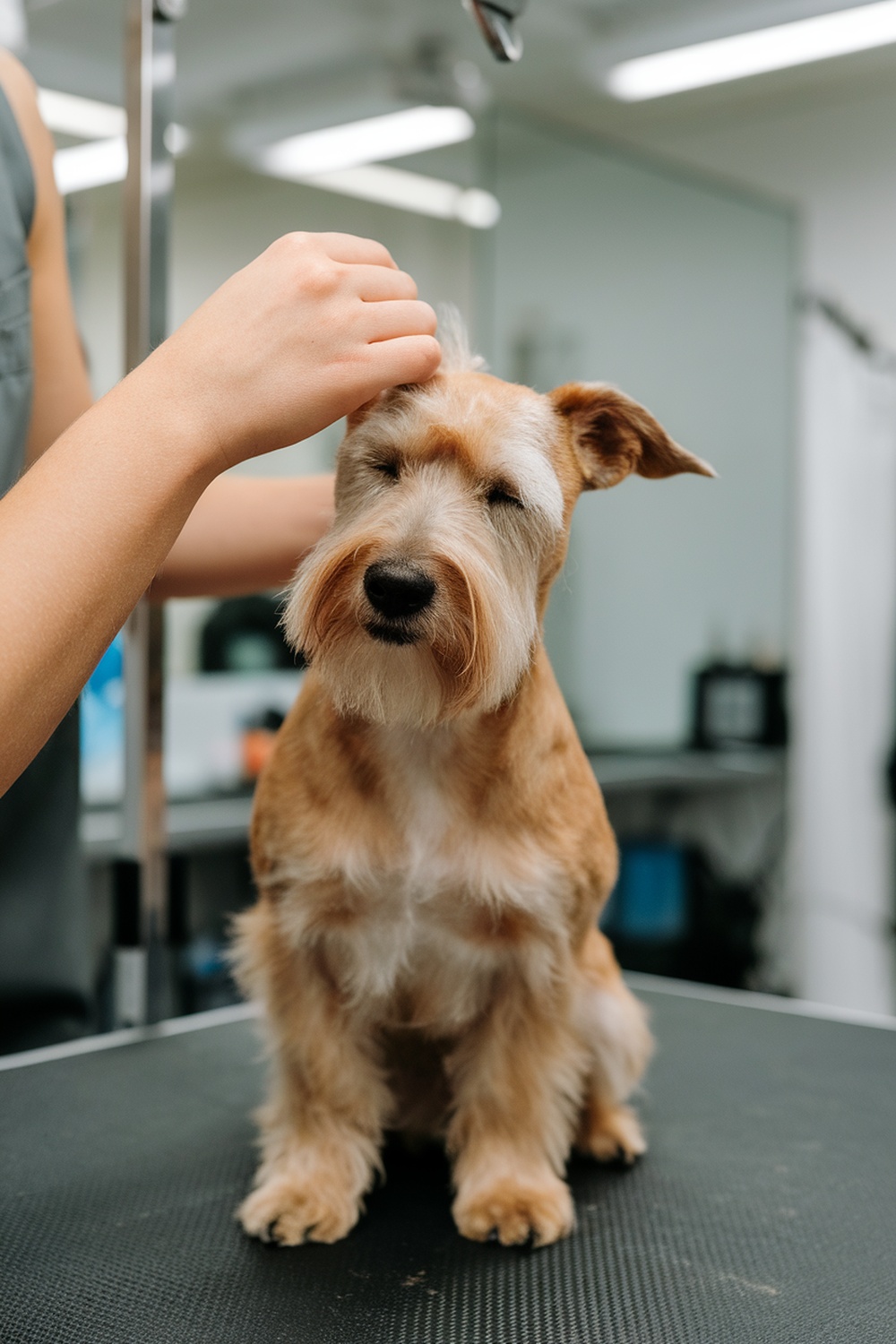 A Wheaten Terrier being groomed, looking calm and relaxed.