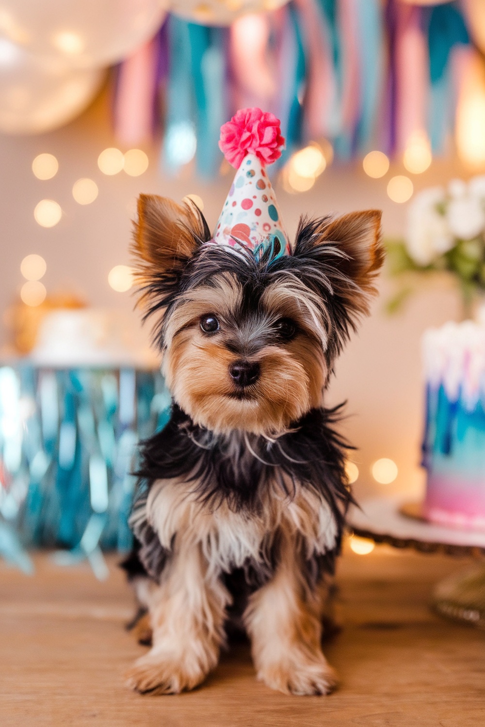 Yorkie puppy wearing a birthday hat, looking cheerful