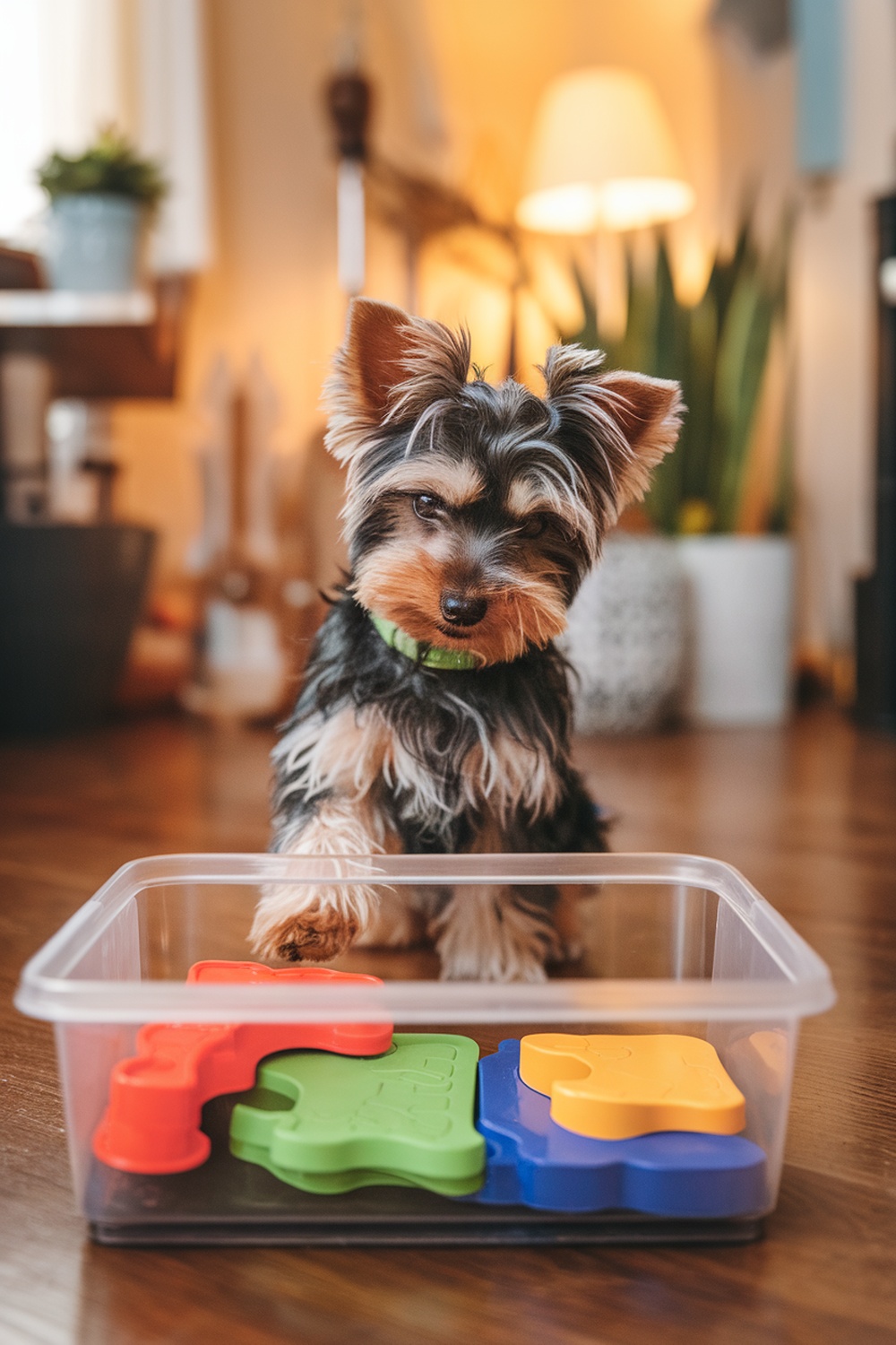 A Yorkie Poo playing with colorful puzzle toys in a clear container.