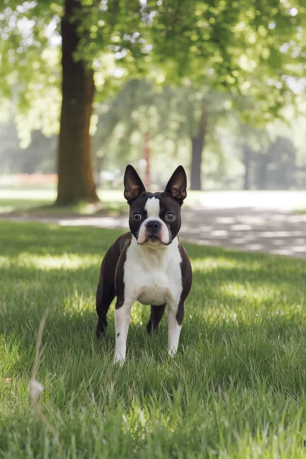 A Boston Terrier standing in a park with green grass and trees in the background.