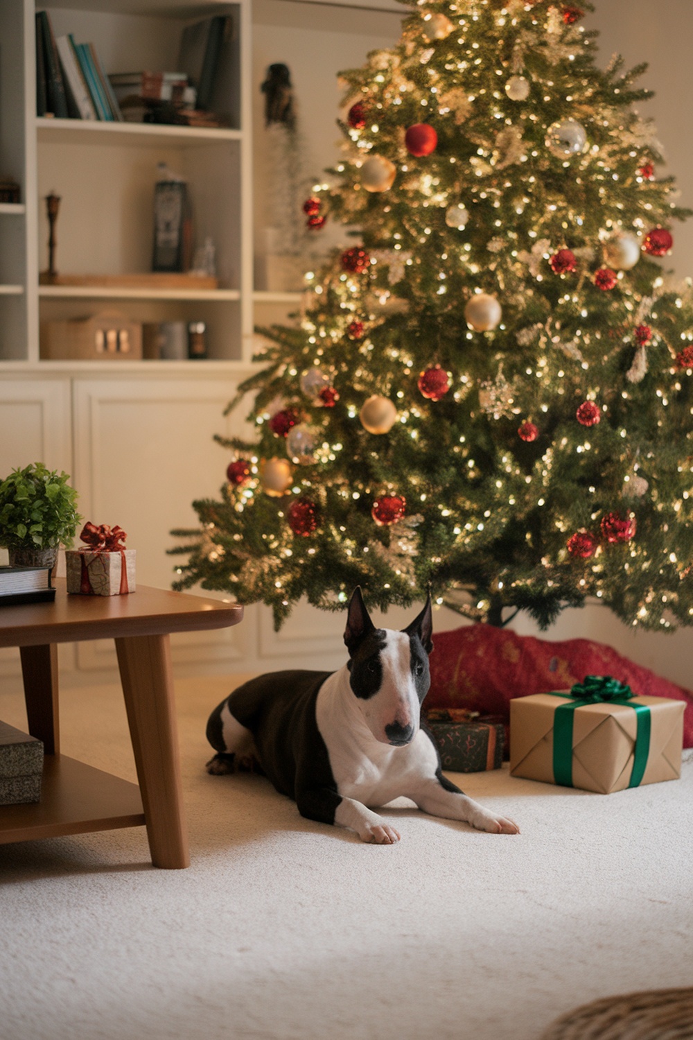 A Bull Terrier lying on the floor next to a beautifully decorated Christmas tree with presents.