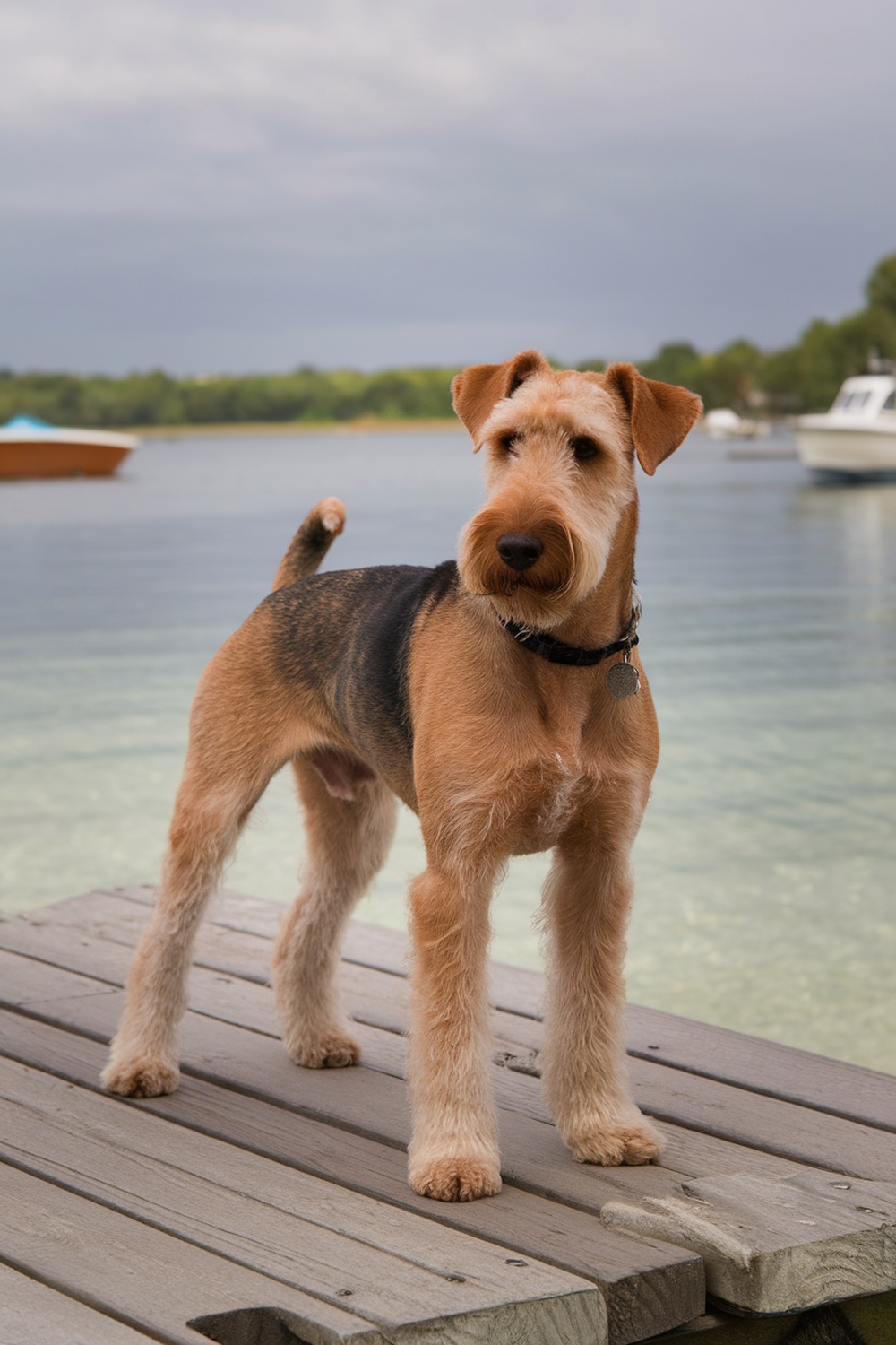 Airedale Terrier standing on a dock by the water.