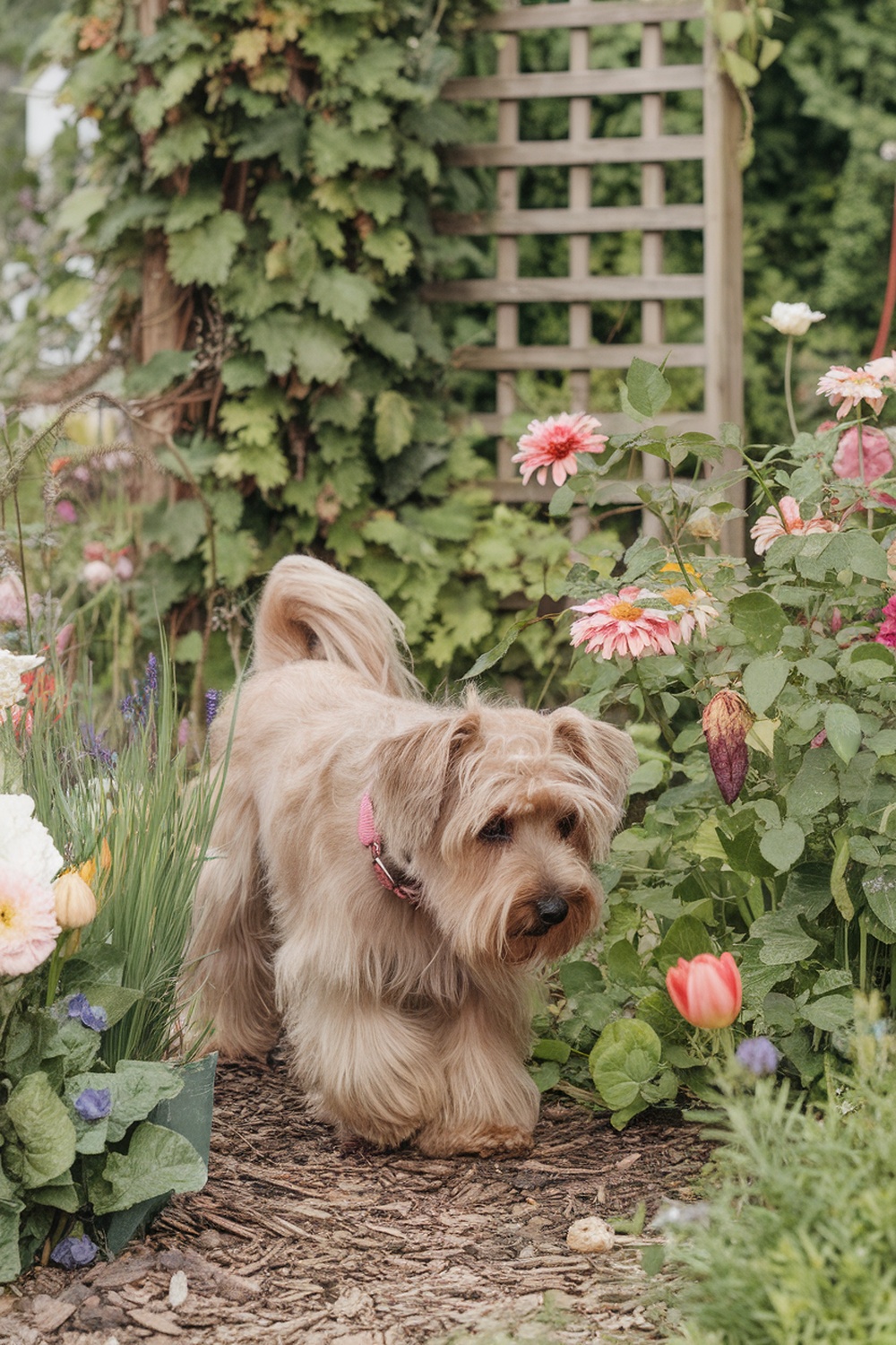 A Teddy Roosevelt Terrier walking through a garden filled with colorful flowers.