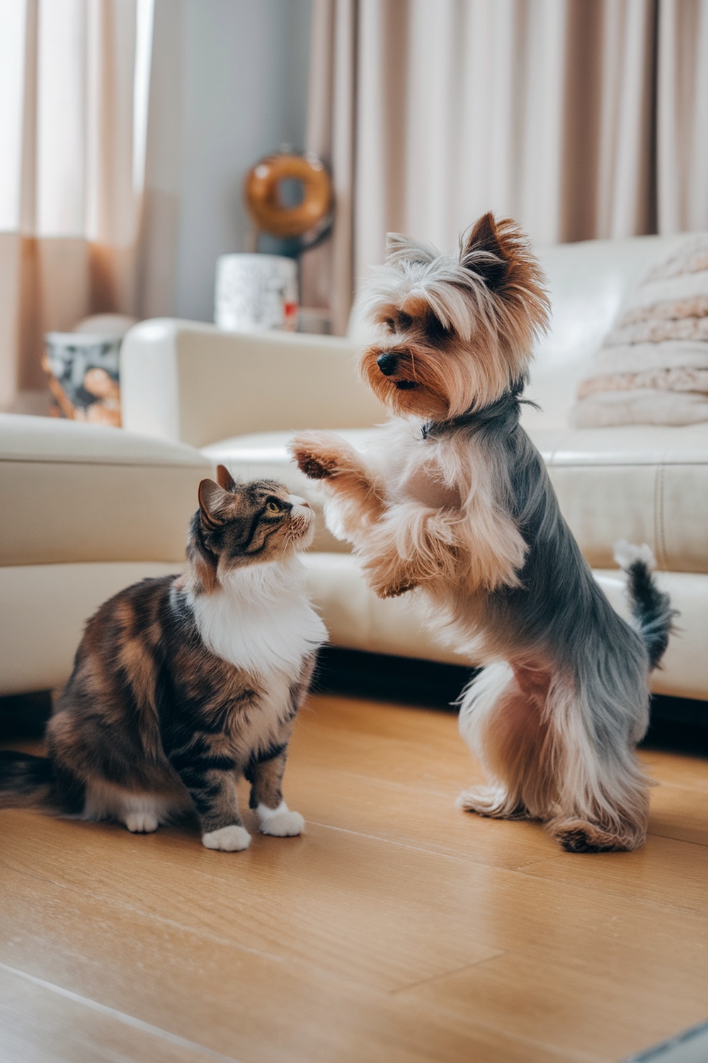 A Biewer Yorkie interacting with a cat in a cozy living room.