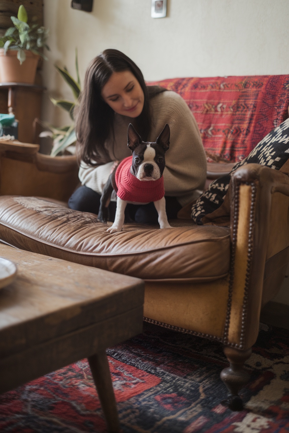 A woman sitting on a couch with a Boston Terrier puppy in a red sweater.