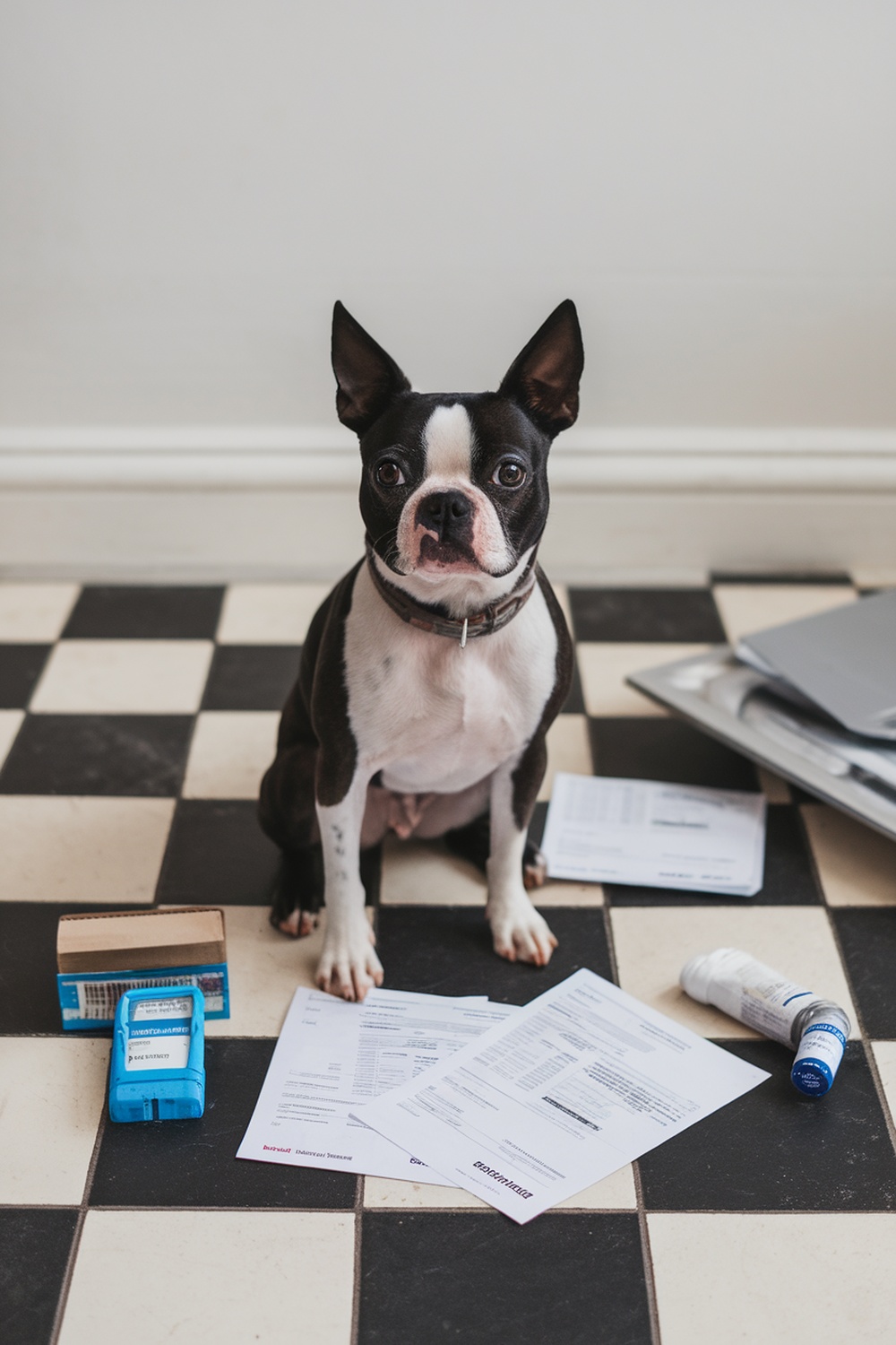 A Boston Terrier sitting on a checkered floor surrounded by papers and medical supplies.