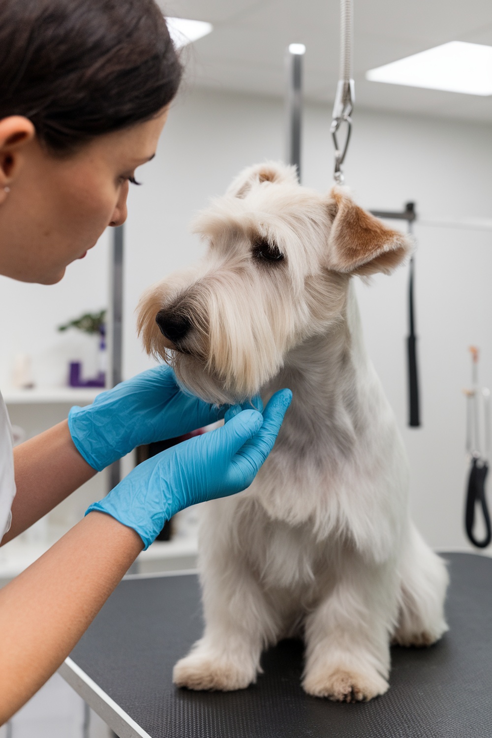 A groomer inspecting a Wheaten Terrier's face for skin issues.