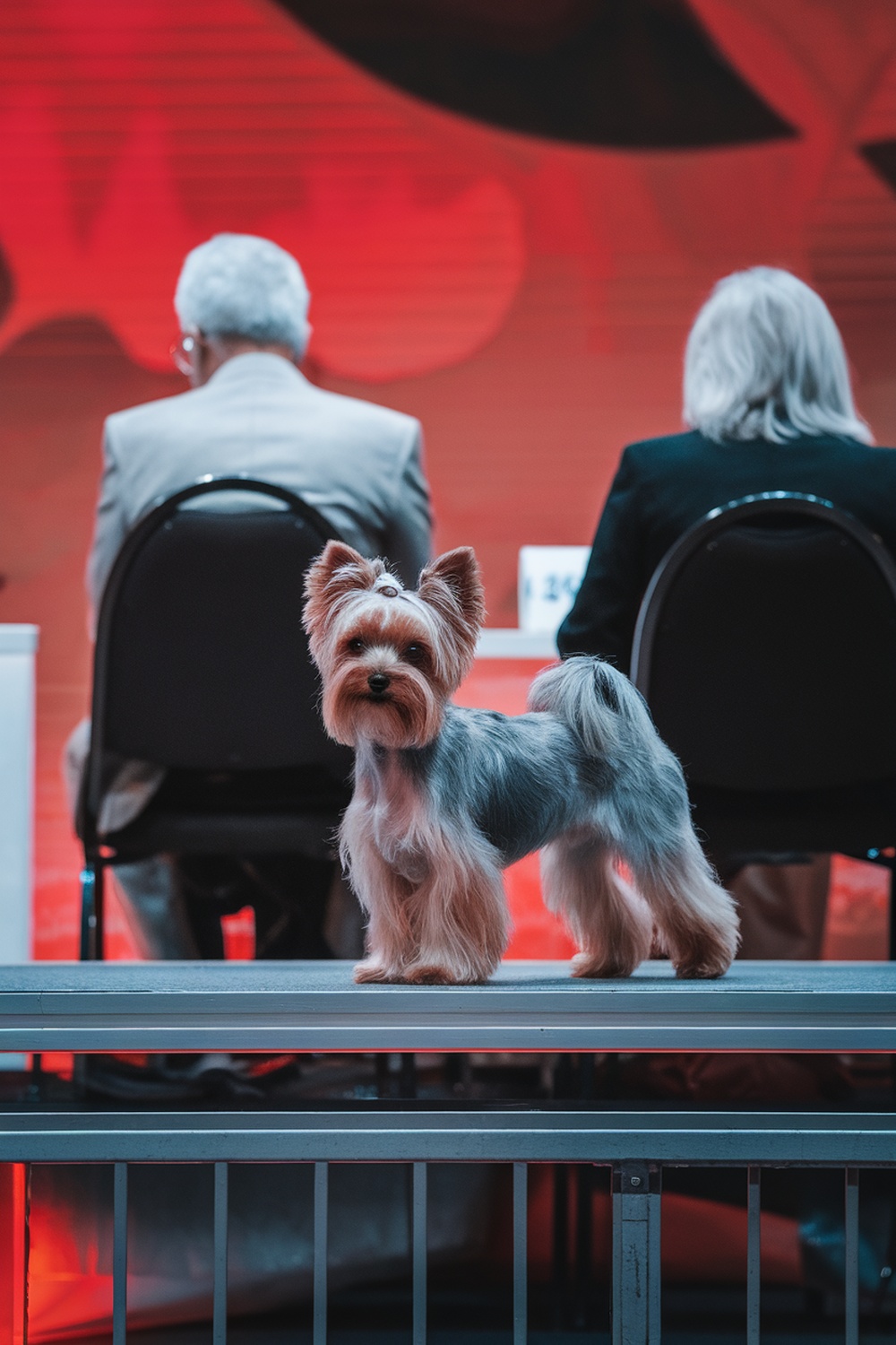 A Biewer Yorkie standing on a stage at a dog show with judges in the background.