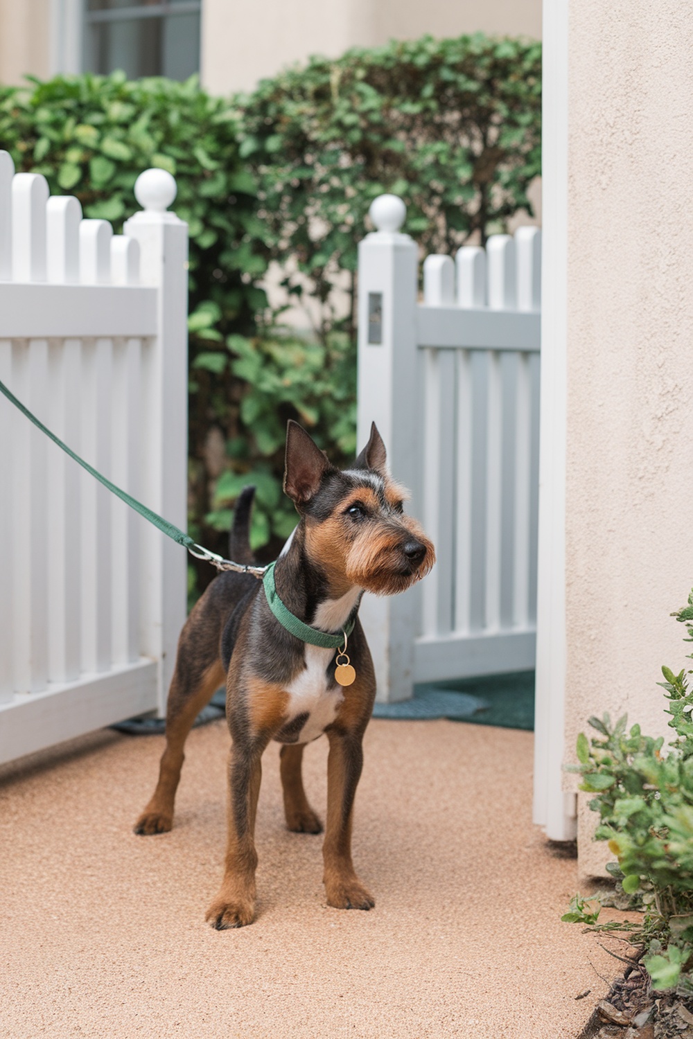 An Irish Terrier standing at a gate, showcasing its alert and protective demeanor.