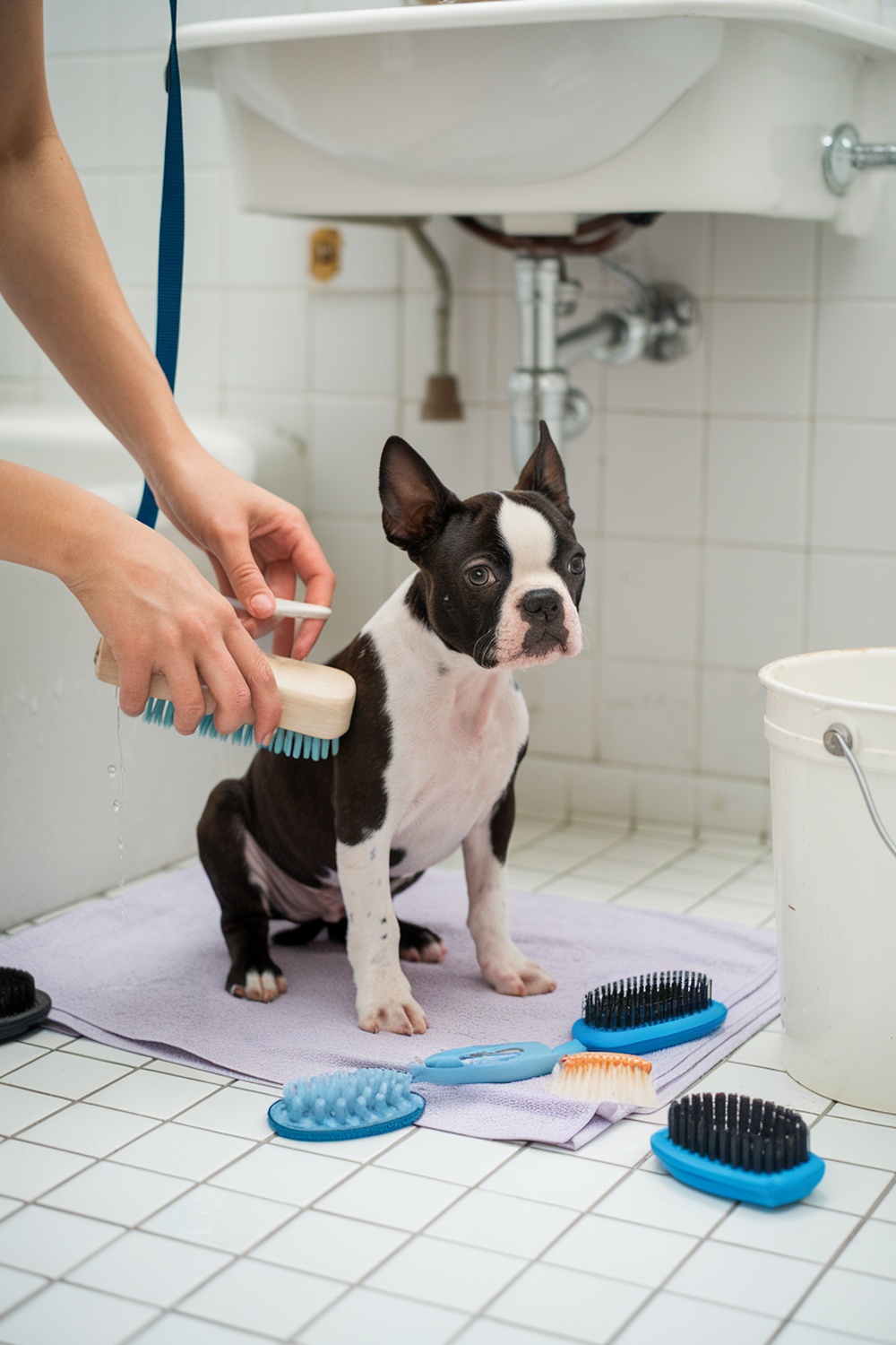 A person grooming a Boston Terrier puppy with brushes in a bathroom setting.