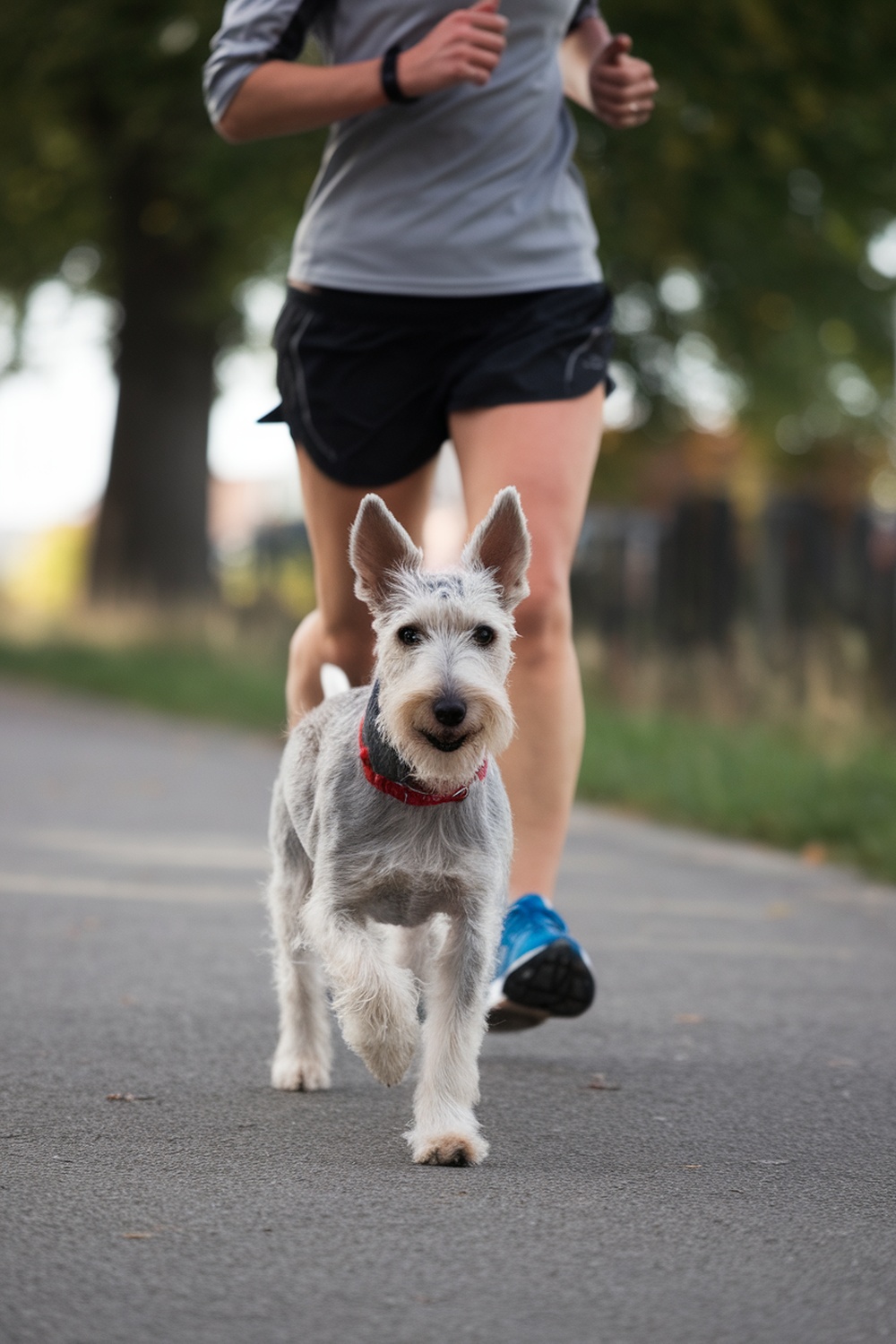 A Wire Fox Terrier running alongside a person jogging on a path.