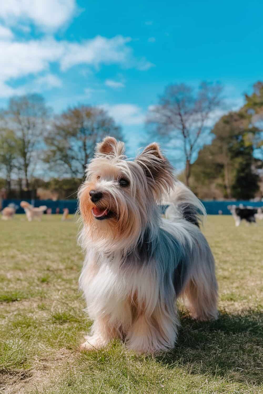 A Havanese Terrier with long fur standing on grass, looking happy and playful.