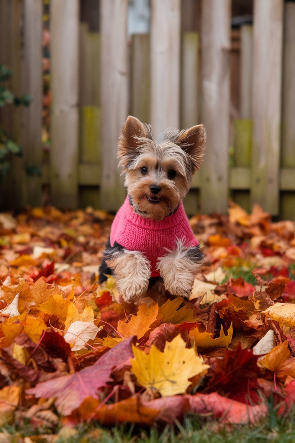 A Yorkie puppy in a pink sweater playing in a pile of autumn leaves.