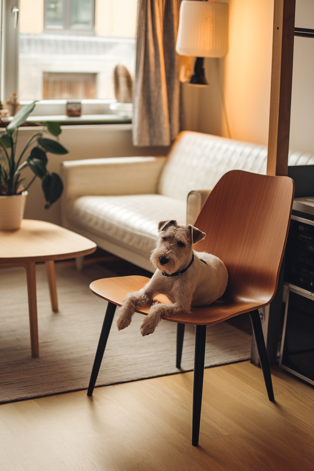 A Wire Fox Terrier relaxing on a chair in a stylish living room.