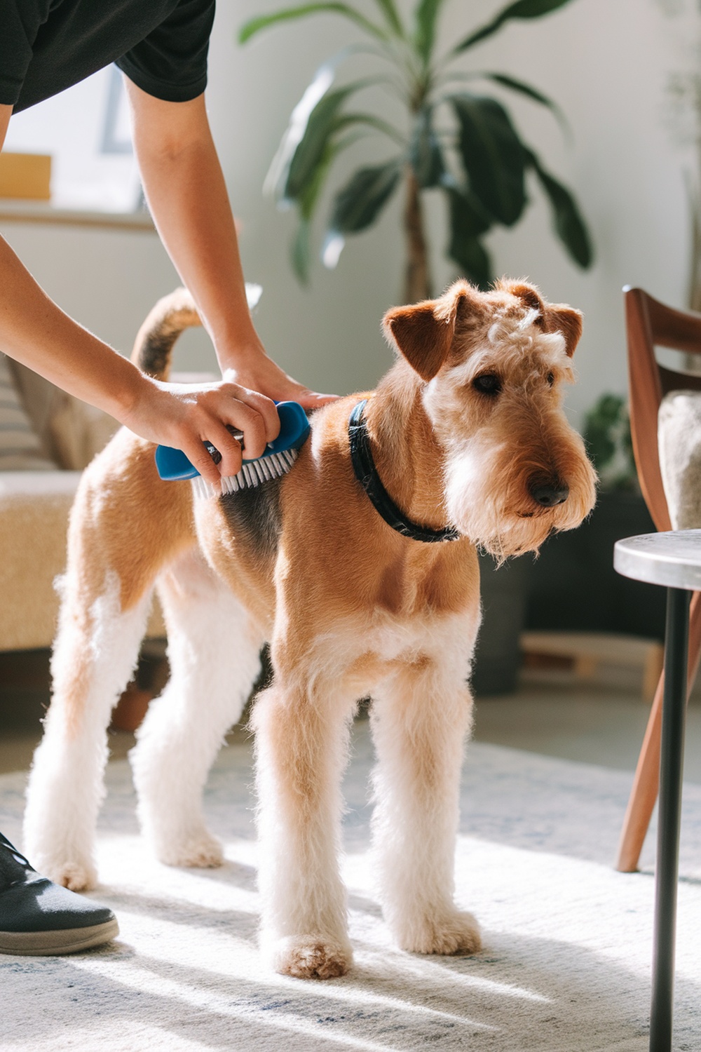 Airedale Terrier being brushed by a person in a cozy indoor setting.