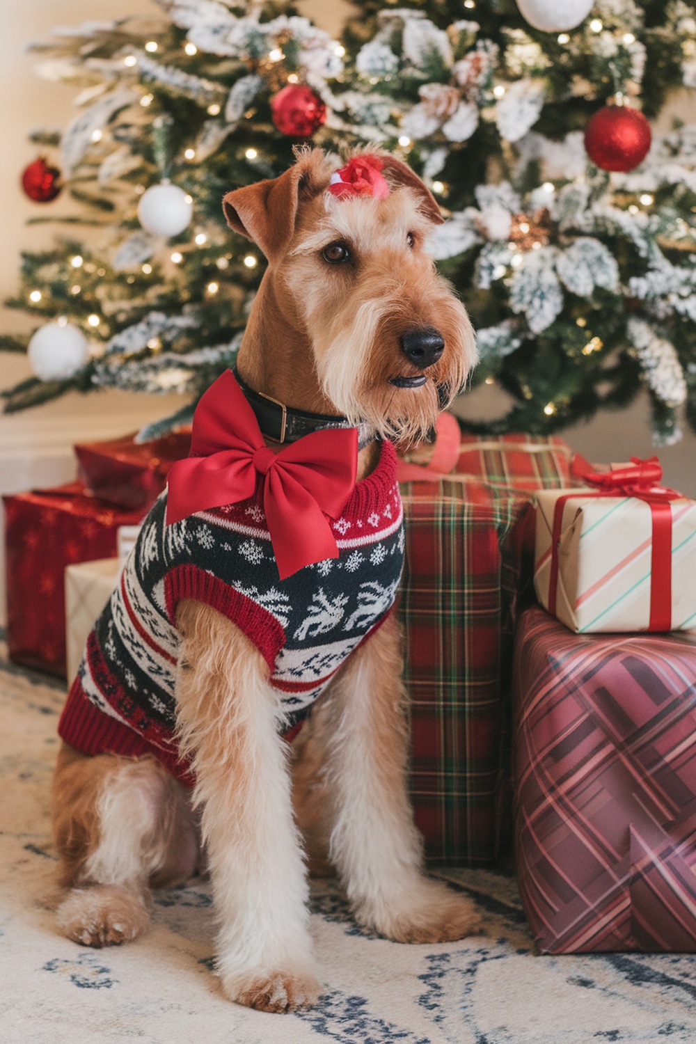 Airedale Terrier wearing a red bow and a festive sweater, sitting beside wrapped Christmas gifts.