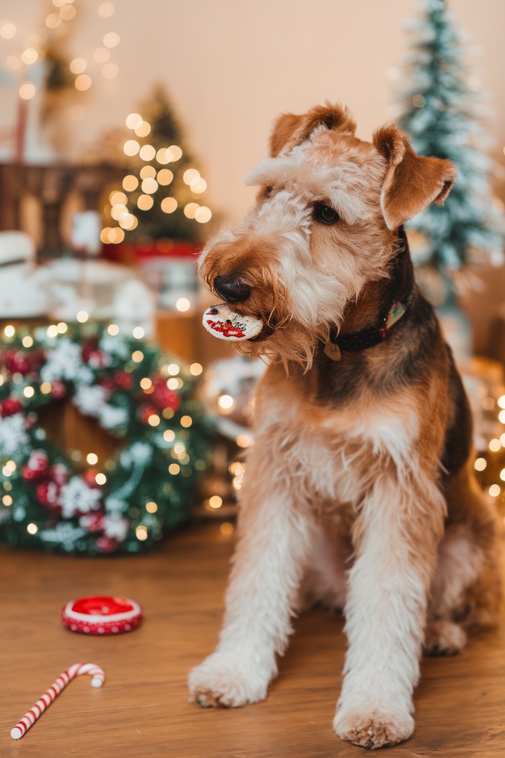 Airedale Terrier holding a decorated cookie, surrounded by Christmas decorations and lights.