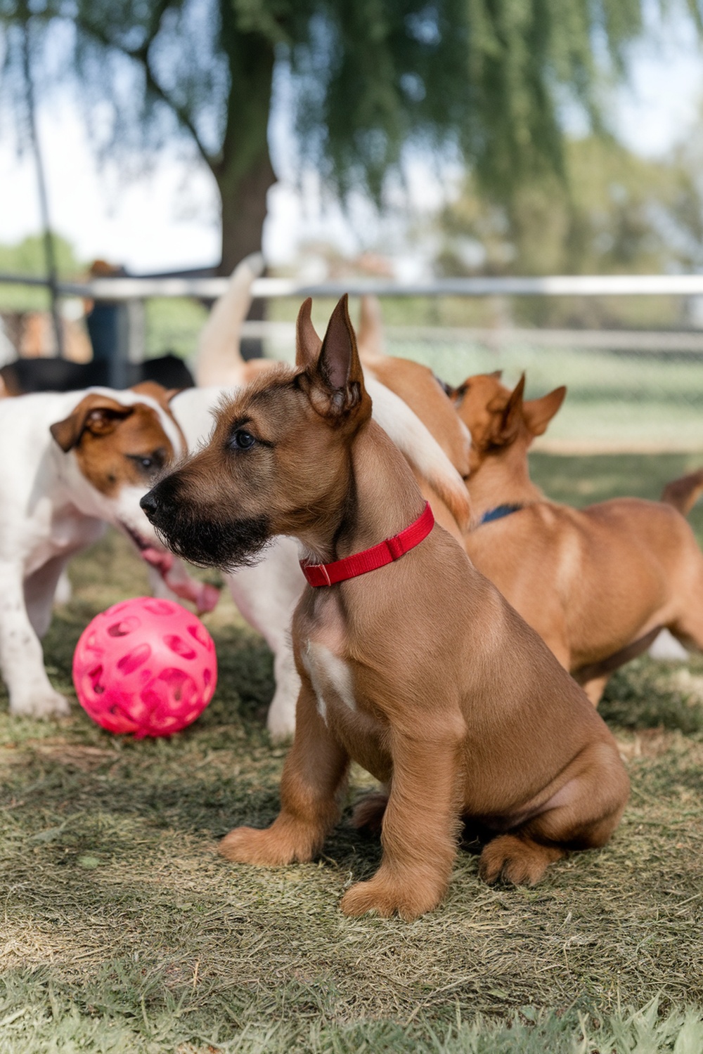A group of playful puppies in a park, with one sitting attentively.
