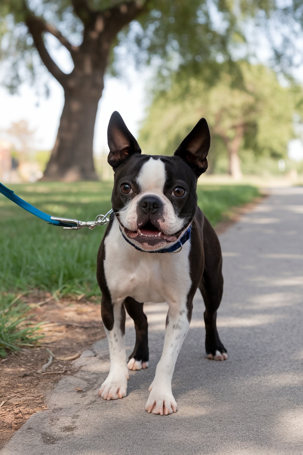 A Boston Terrier on a leash, looking happy while walking on a path.