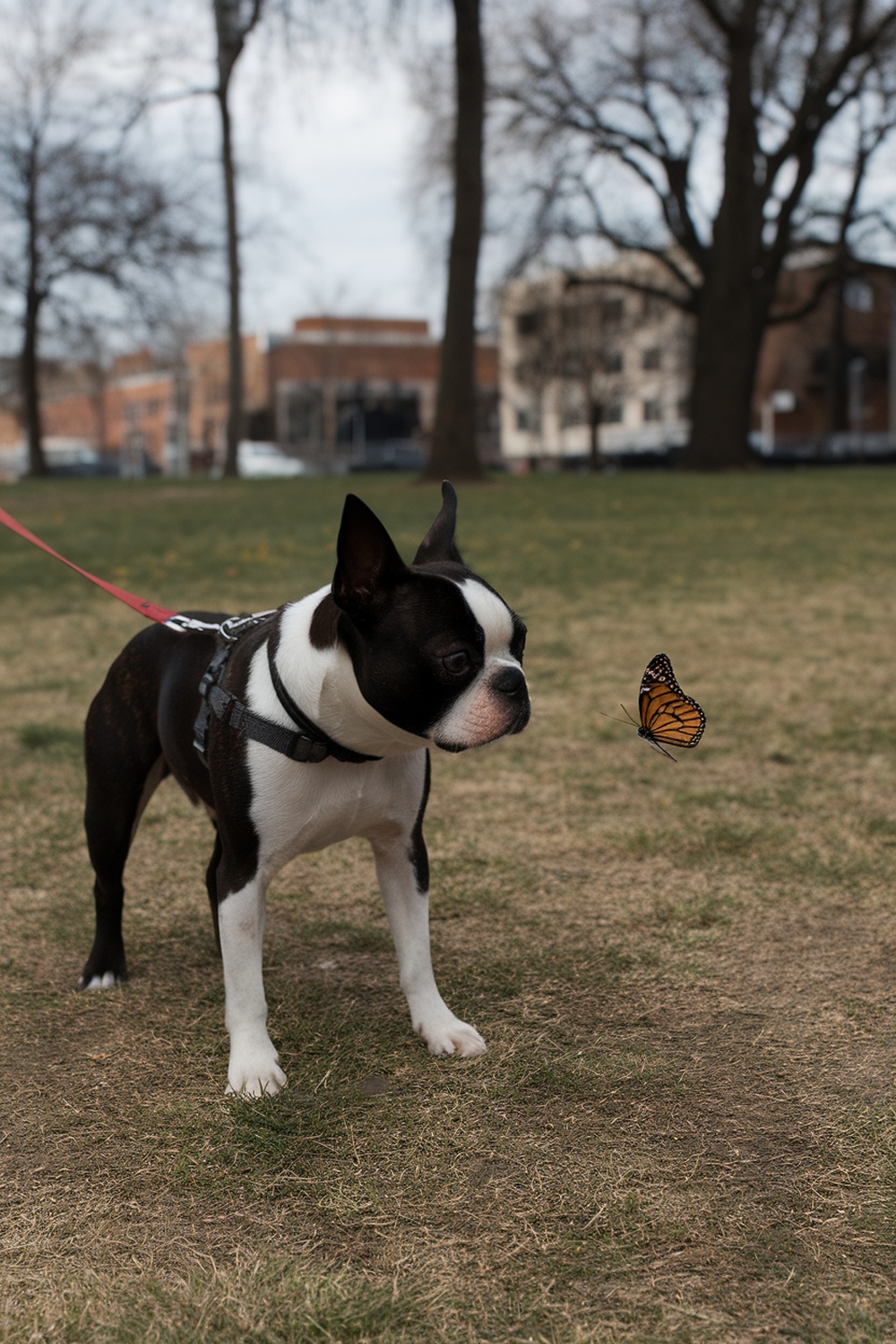 A Boston Terrier curiously watching a butterfly in a park.