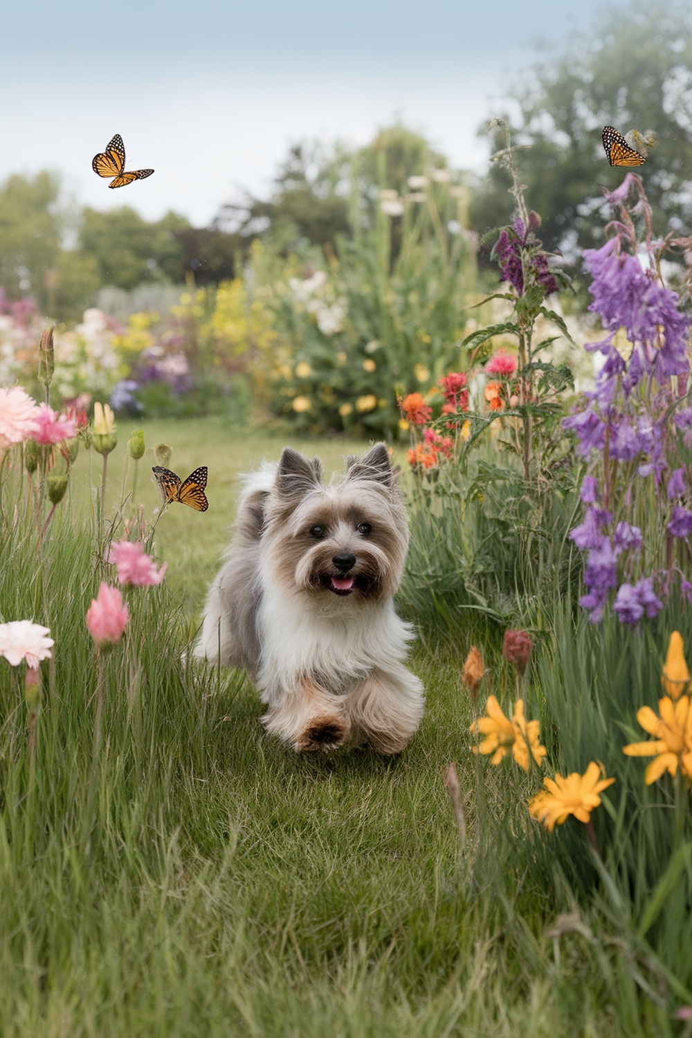 A Cairn Terrier running happily through a colorful flower garden.